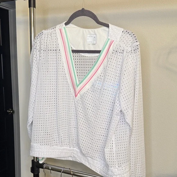 Lucky in Love White Mesh Top with Pink and Green Stripes - Picture 3 of 4